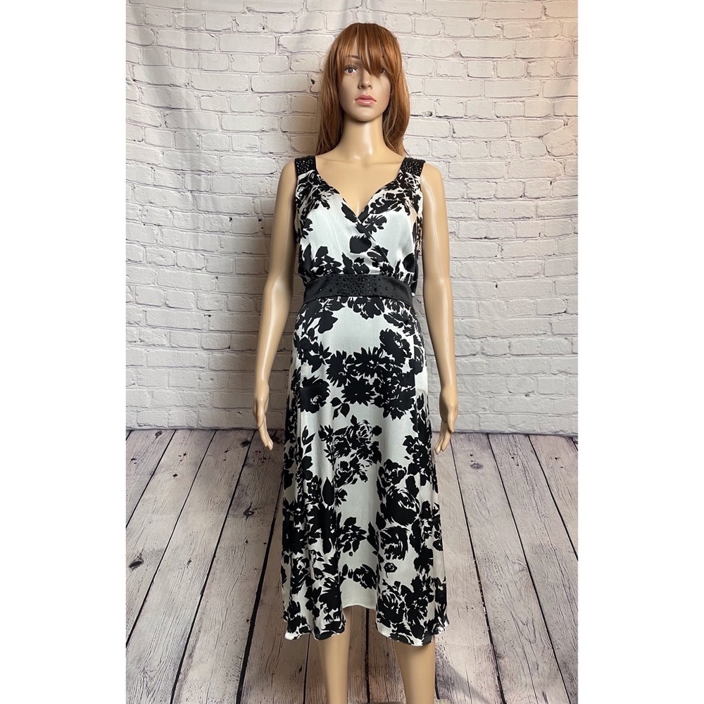 NWT New $1450 Marina Rinaldi Black White Black Floral Silk Dress Size 10